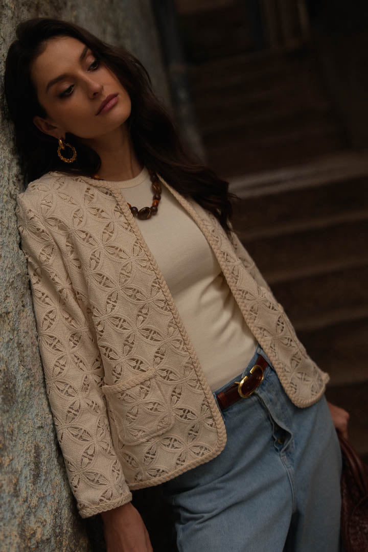Renita macrame rosette jacket in ecru