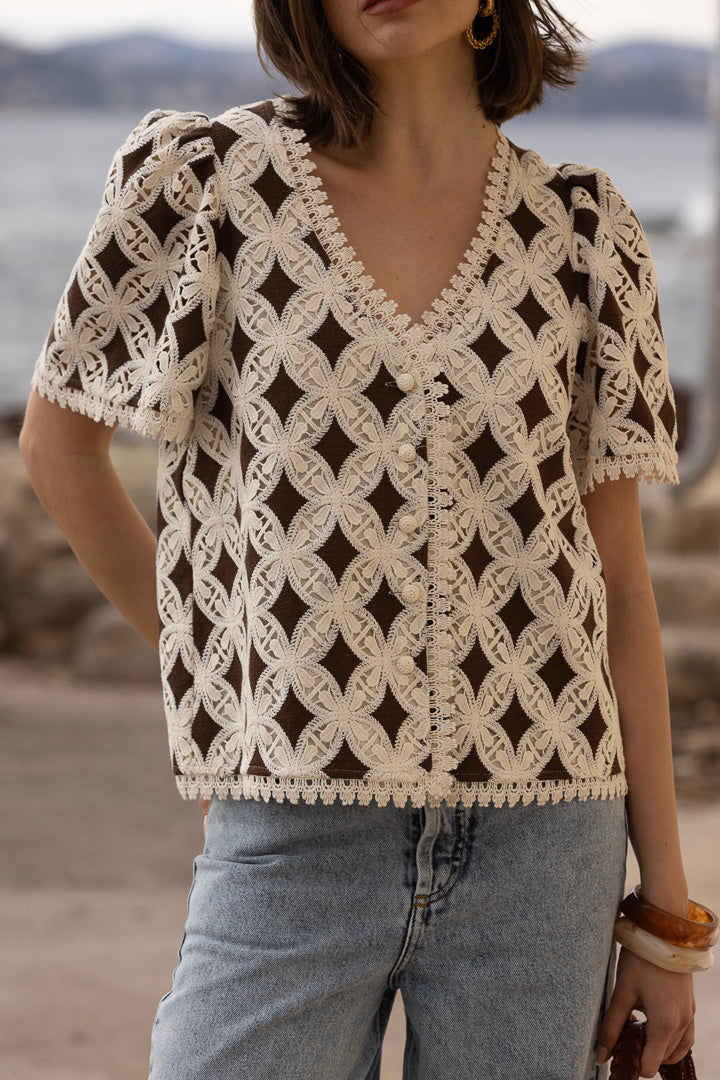 Ivory Macramé Two-Tone Rosette Top