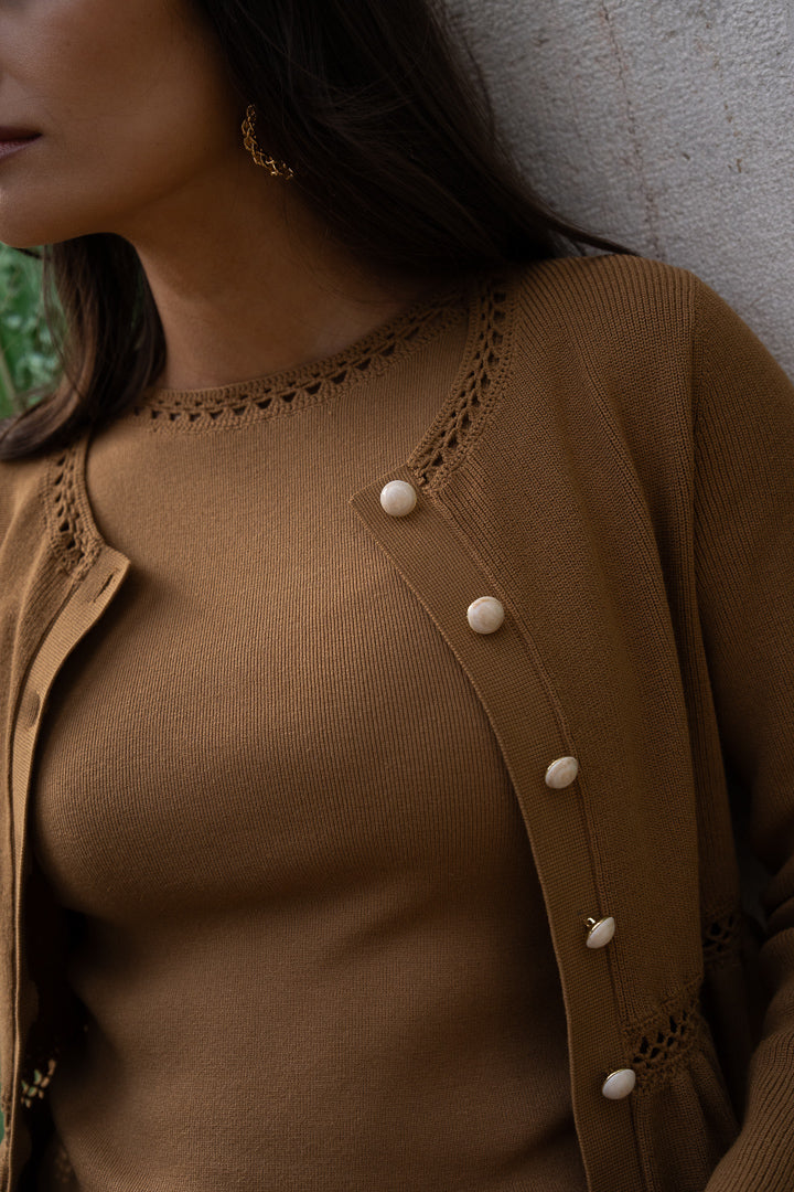 Arlone Peplum Knit Cardigan Caramel – Maison Stella & Suzie