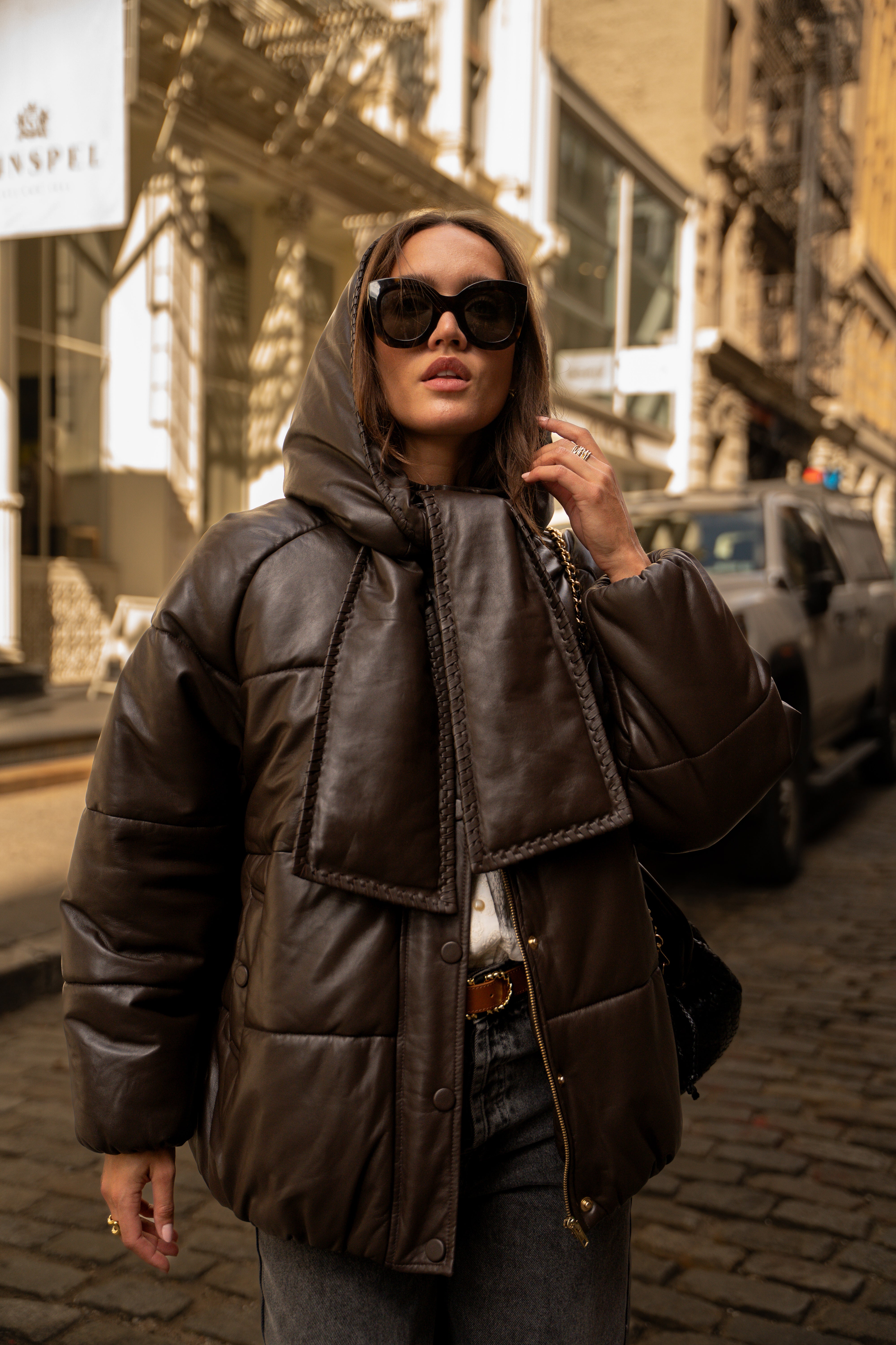 Maxence brown leather puffer jacket – Maison Stella & Suzie