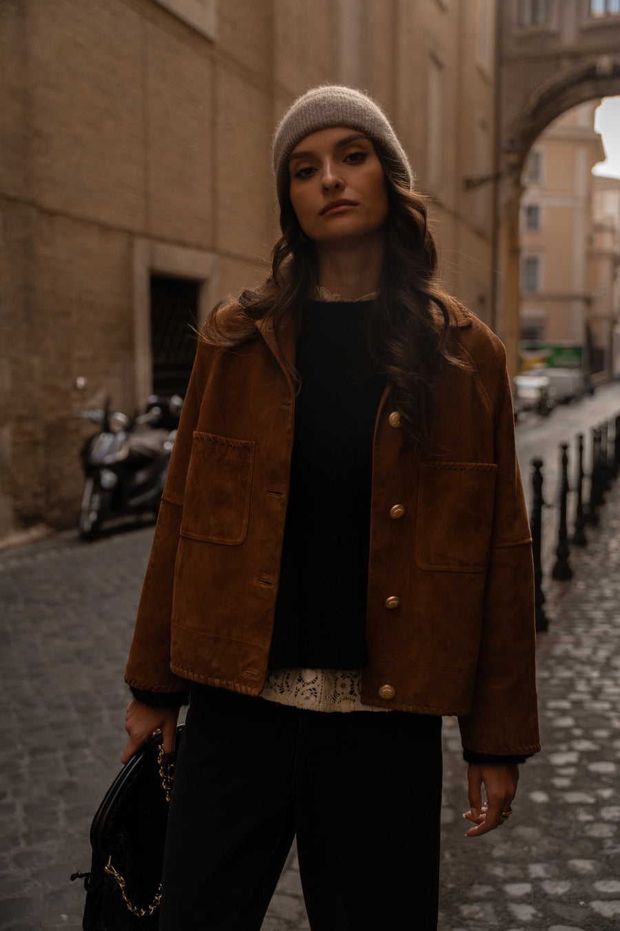 Dion scalloped camel suede jacket