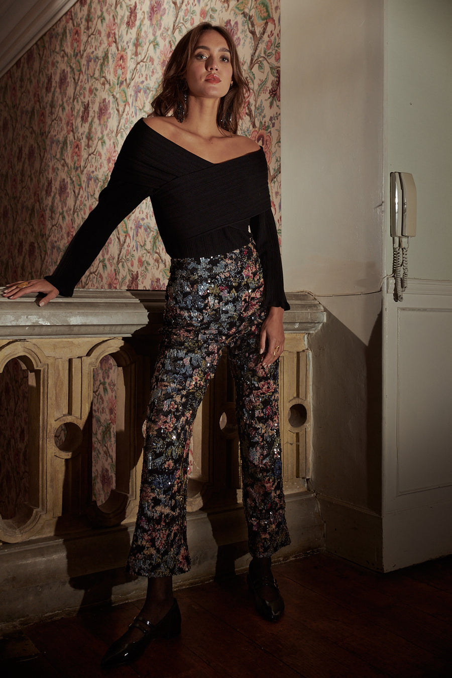Onyx floral sequin pants